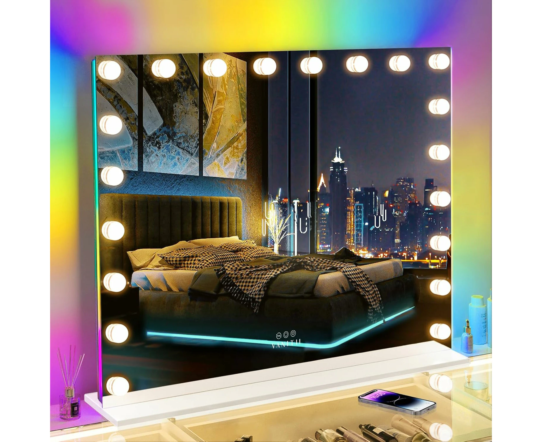 VANITII GLOBAL 100CM Hollywood Vanity Makeup Mirror with 20 LED Lights and RGB Backlit Tabletop Wall Mounted