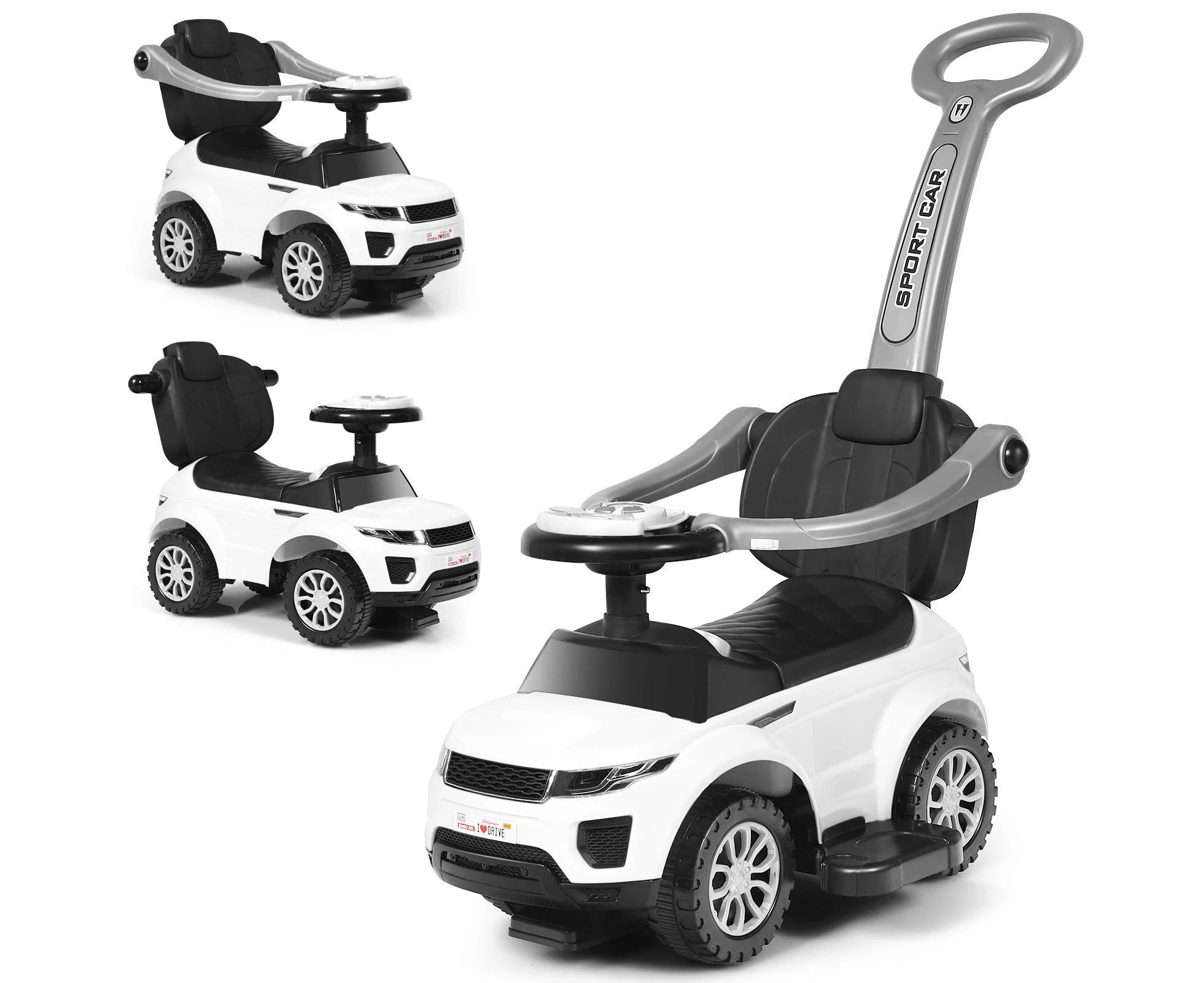 3 in 1 Kids Push Car Sliding Walking Car w/Guardrail & Handle Toddlers Ride On Toy White