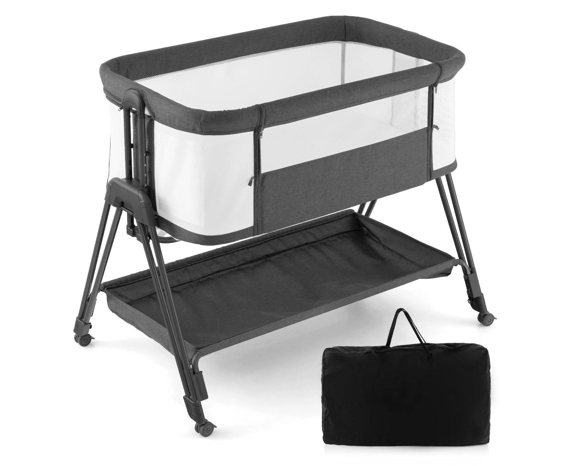 Baby Bedside Sleeper Bassinet Folding Co Sleeper Adjustable Infant Crib Cot w/Mattress & Travel Bag Black