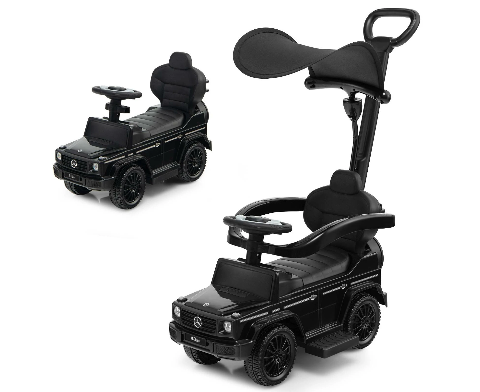 3-in-1 Kids Ride on Push Car Licensed Mercedes Benz Baby Foot-to-Floor Sliding Walker w/Adjustable Canopy Black