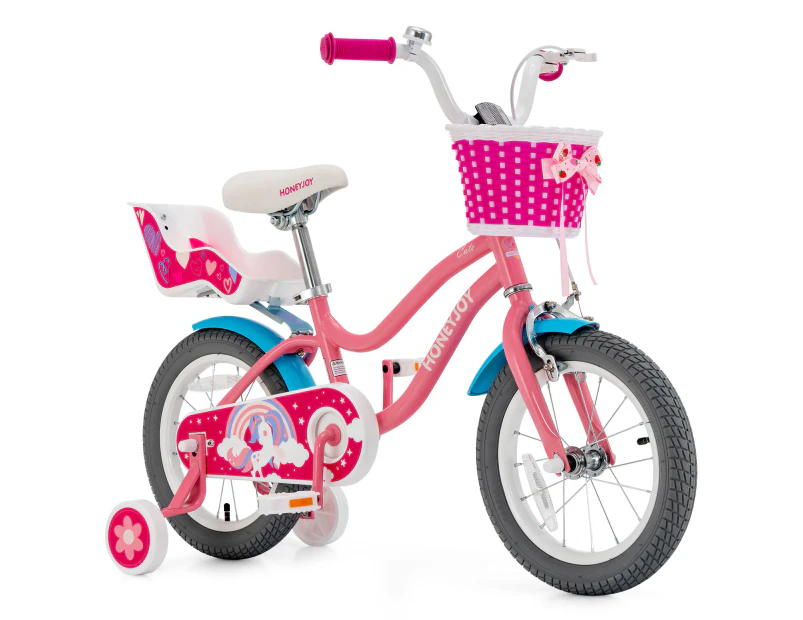 14 Inch Kids Bike Training Bicycle w/Woven Basket & Doll Seat Adjustable Toddler Cycle Bikes Pink