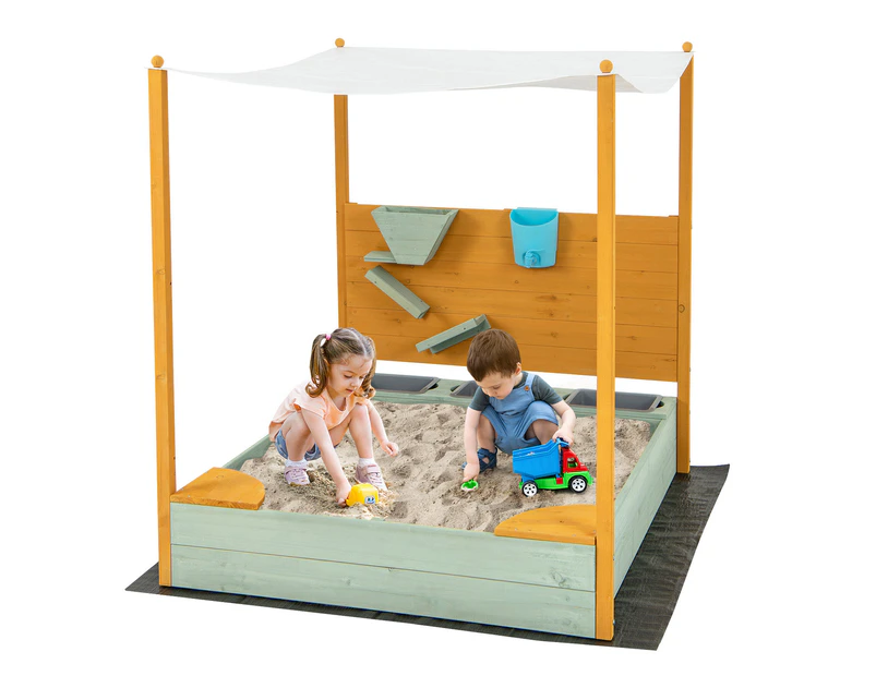 Wooden Kids Sandpit Sandbox w/Detachable Canopy & Water Bucket Outdoor Play Equipment