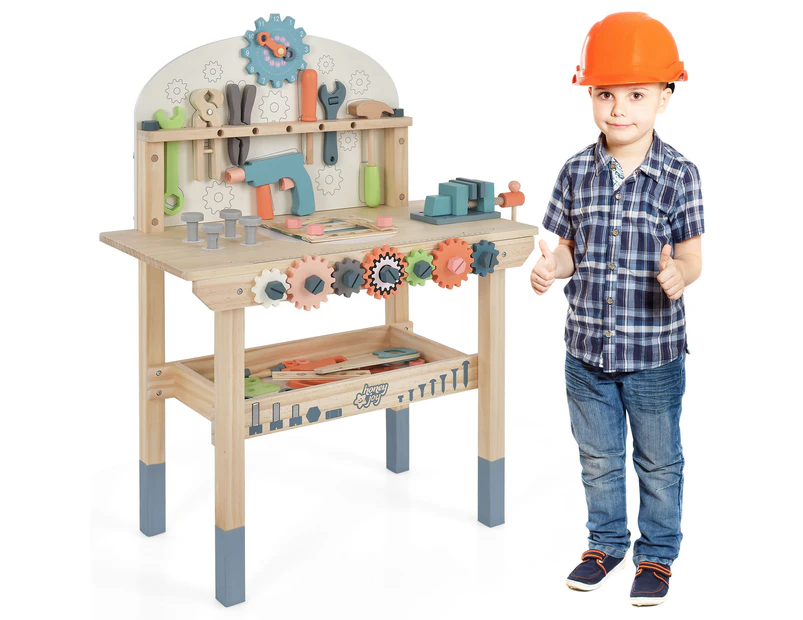 Kids Wooden Workbench Pretend Play Tool Workshop w/Realistic Tools & 55 Accessories Building Construction Playset