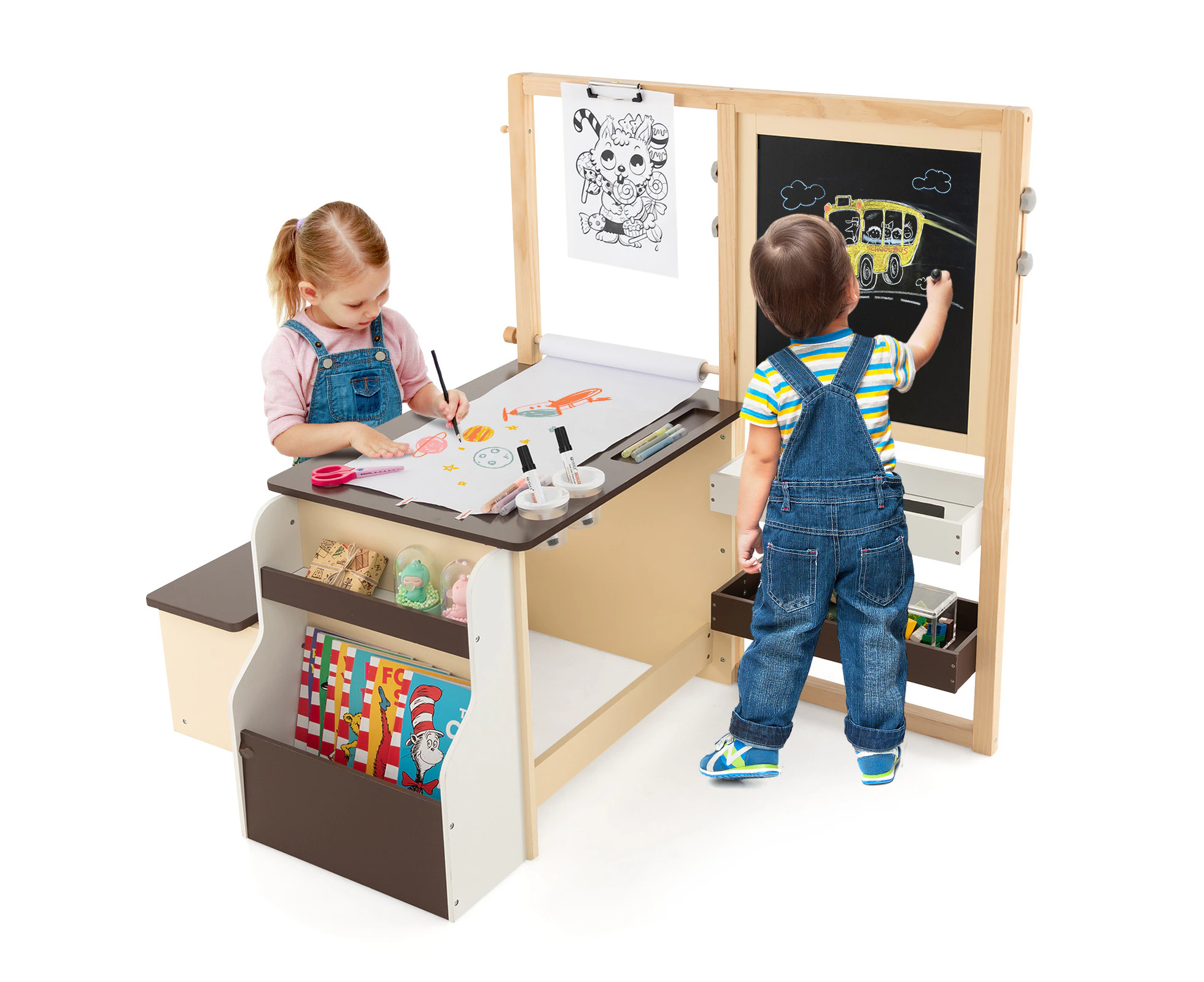 Kids Painting Table & Bench Set Bookshelf w/Double-Sided Art Easel & Cup Holders Toddler Art Center Desk