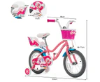 14 Inch Kids Bike Training Bicycle w/Woven Basket & Doll Seat Adjustable Toddler Cycle Bikes Pink