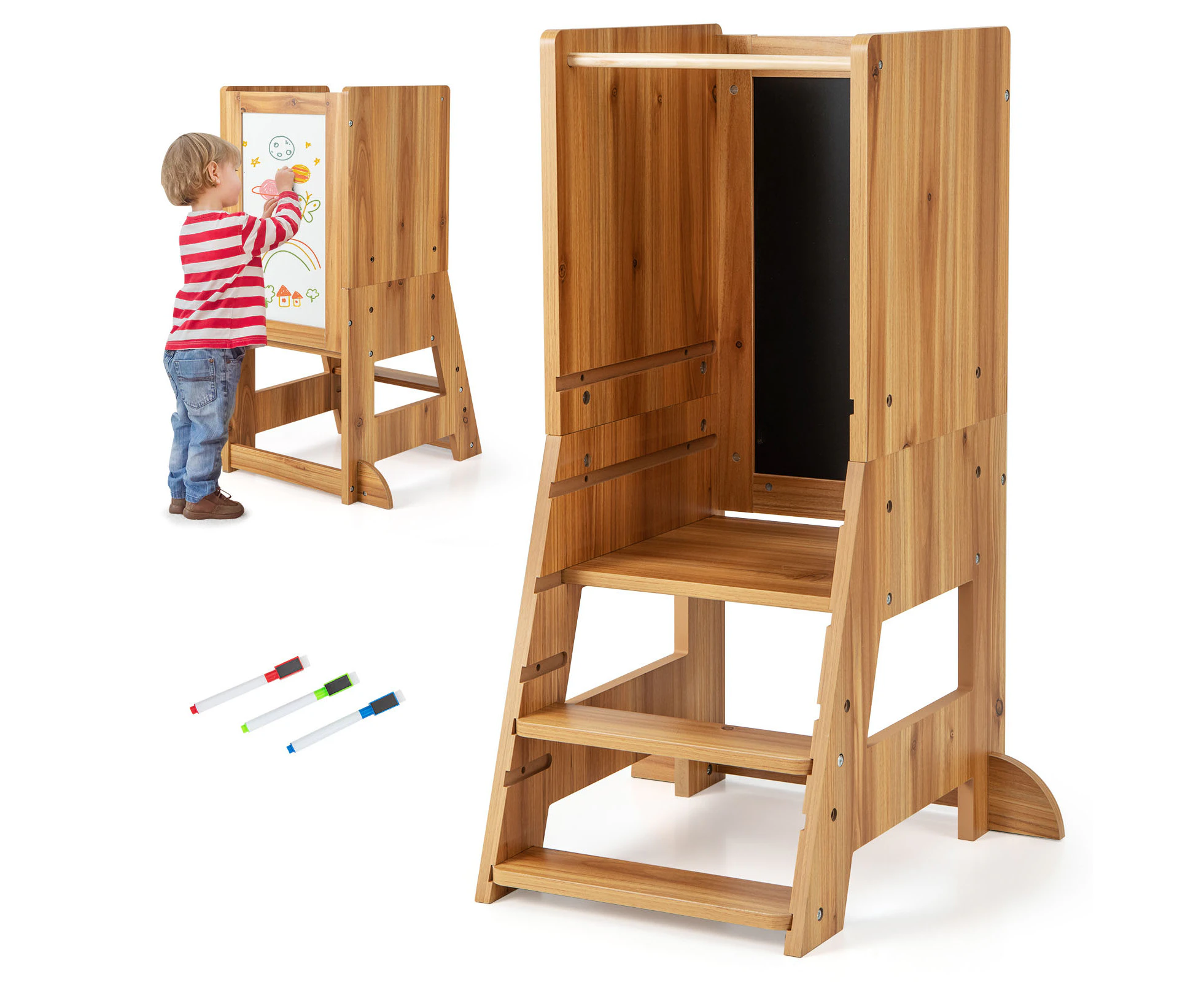 2-in-1 Kids Step Stools w/Drawing Board Baby Kitchen Stool Helper Adjustable Standing Tower