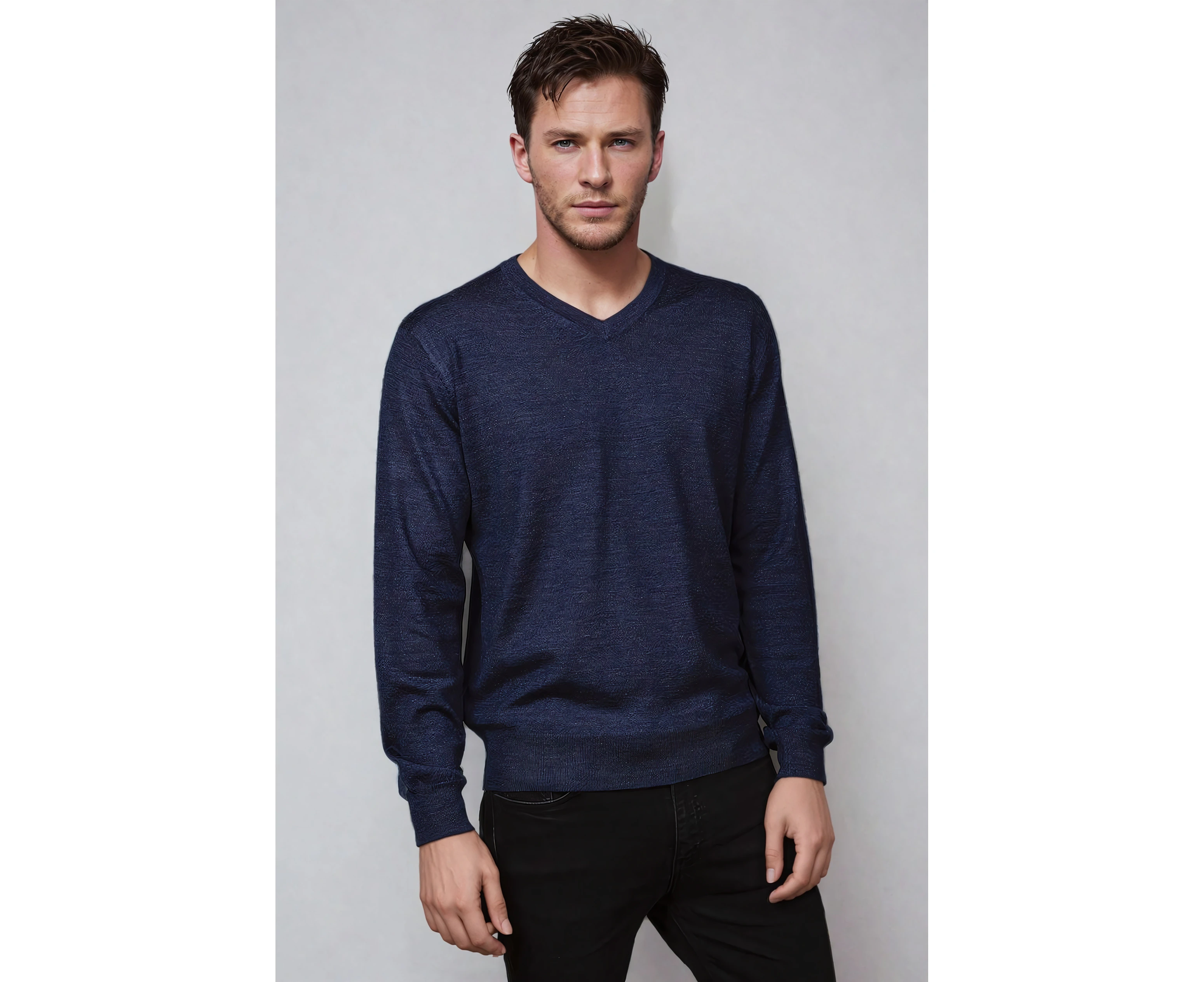 Ansett Men's Denim Blue Fine Weight Merino Wool V Neck Jumper