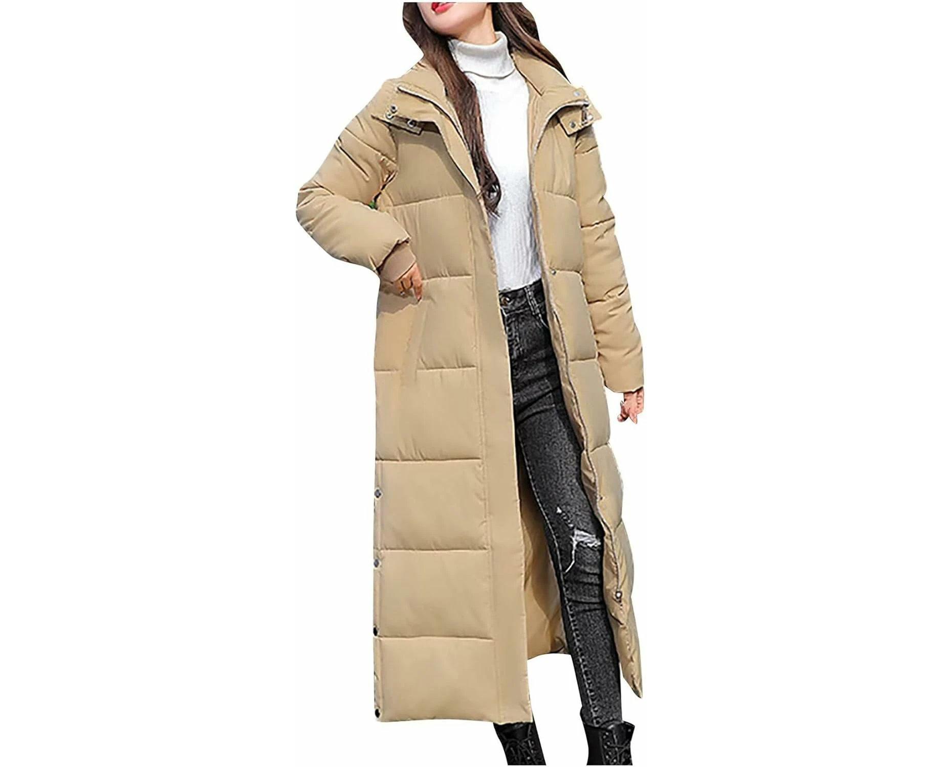 Women's Winter Coat, Long Puffer Down Jacket, Quilted Winter Jacket, Puffer Jacket, Transition Jacket with Hood-Khaki