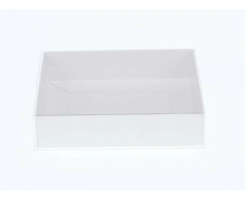 100 Pack of White Card Box - Clear Slide On Lid - 30 x 20 x 8cm -  Large Beauty Product Gift Giving Hamper Tray Merch Fashion Cake Sweets Xmas