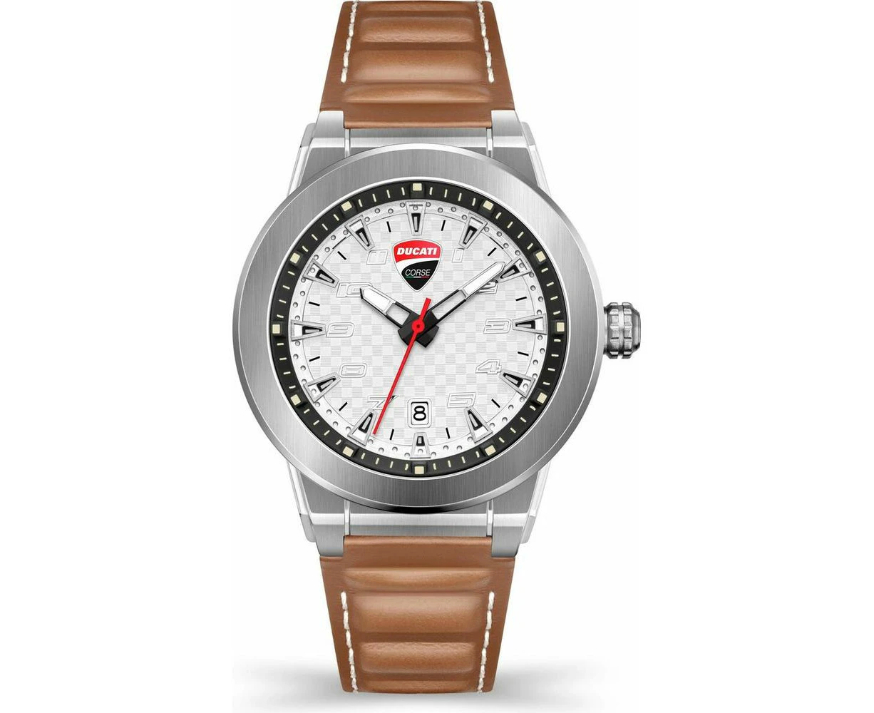 Ducati Men's Dtwgb2019403 Grey Stainless Steel Quartz Wristwatch Ø 45 Mm Brown Leather Strap