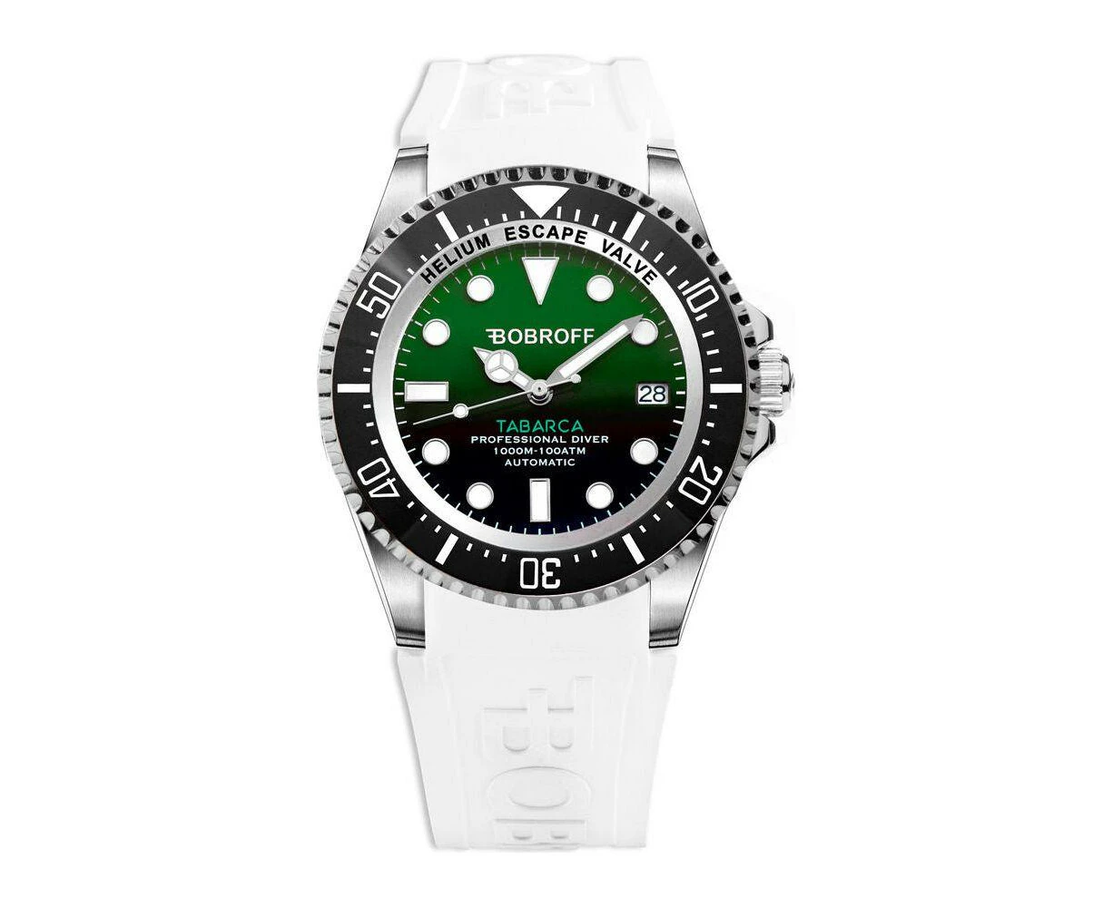 Bobroff Bf0002 Bfstb Stainless Steel Automatic Watch With Green Dial And White Rubber Strap Men's 42mm