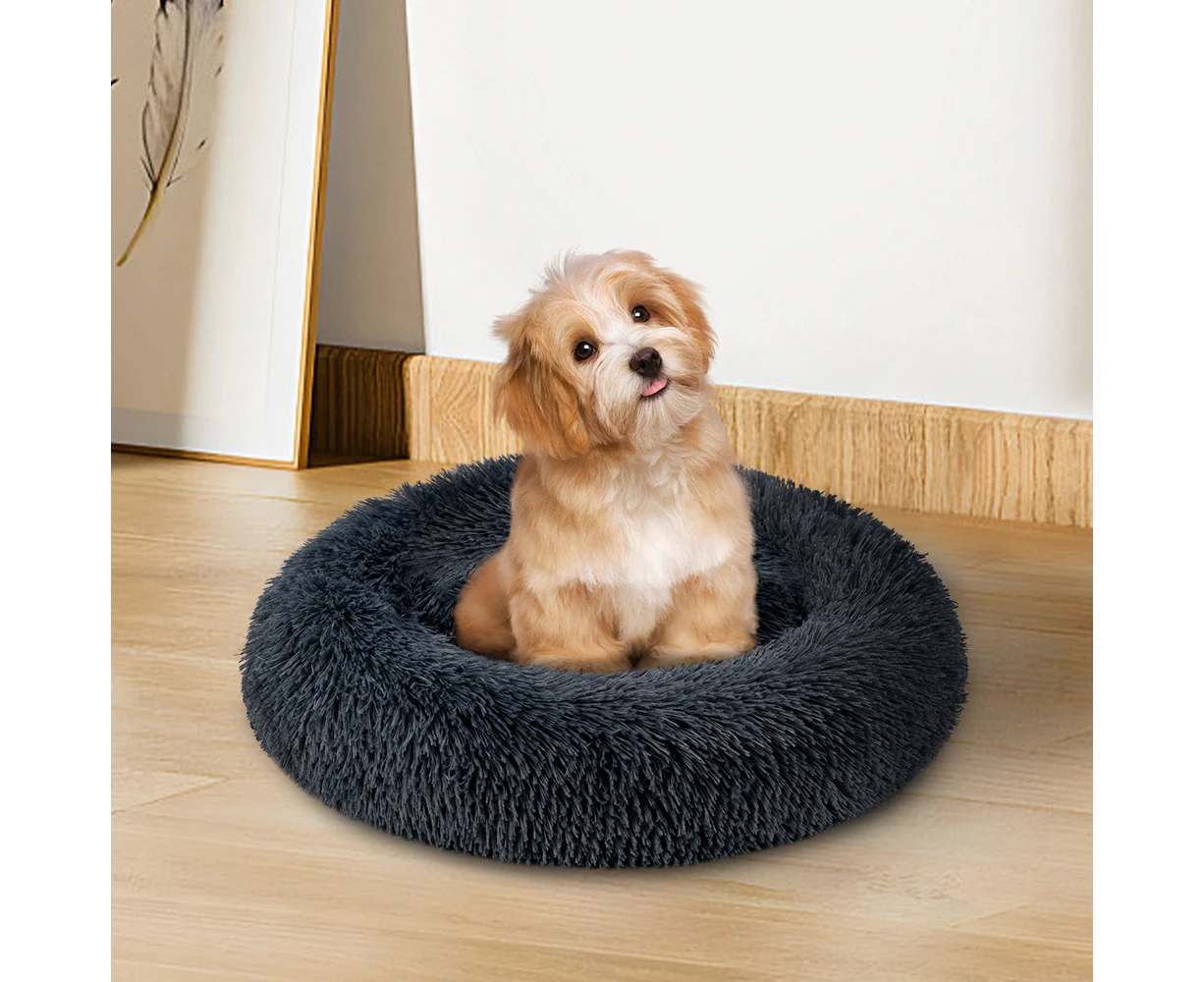 Petzly Dog Cat Calming Bed Warm Soft Plush Round Waterproof 50CM Bed Light Black