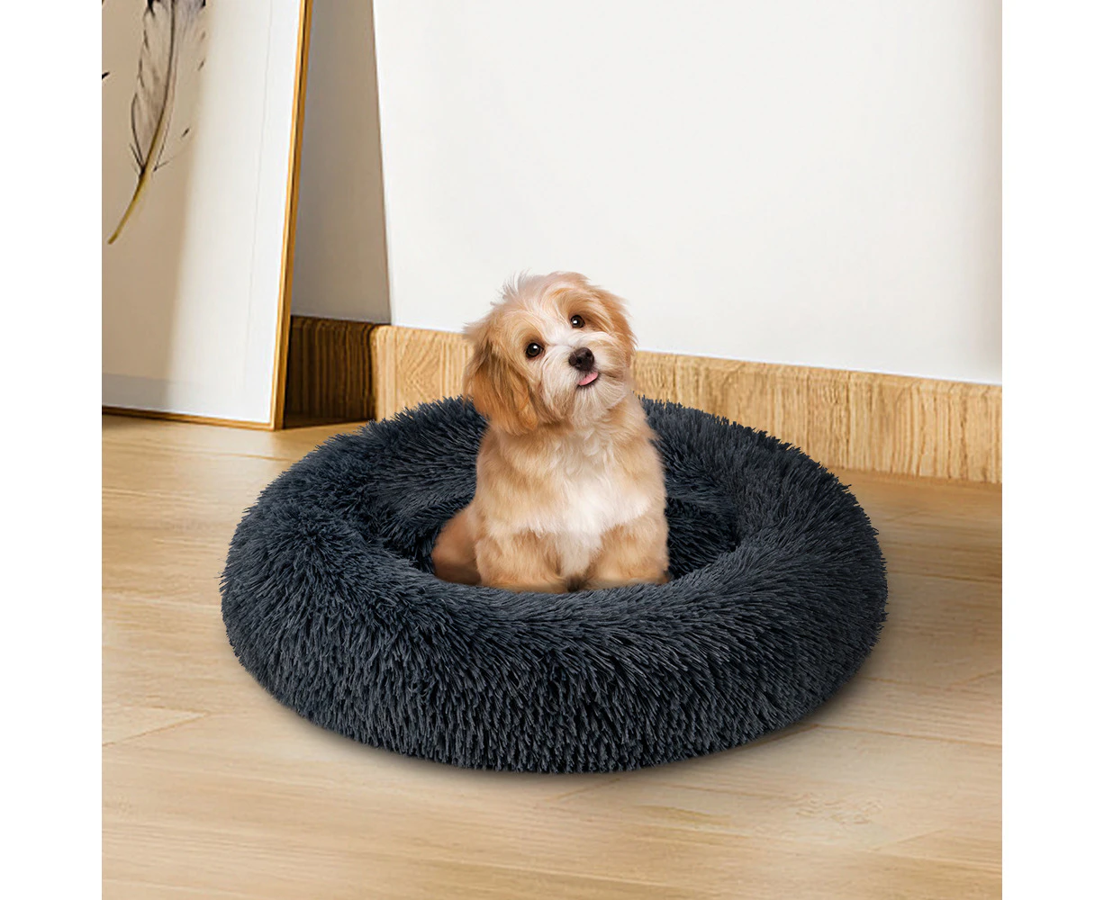 Petzly Dog Cat Calming Bed Warm Soft Plush Round Waterproof 60CM Bed Light Black