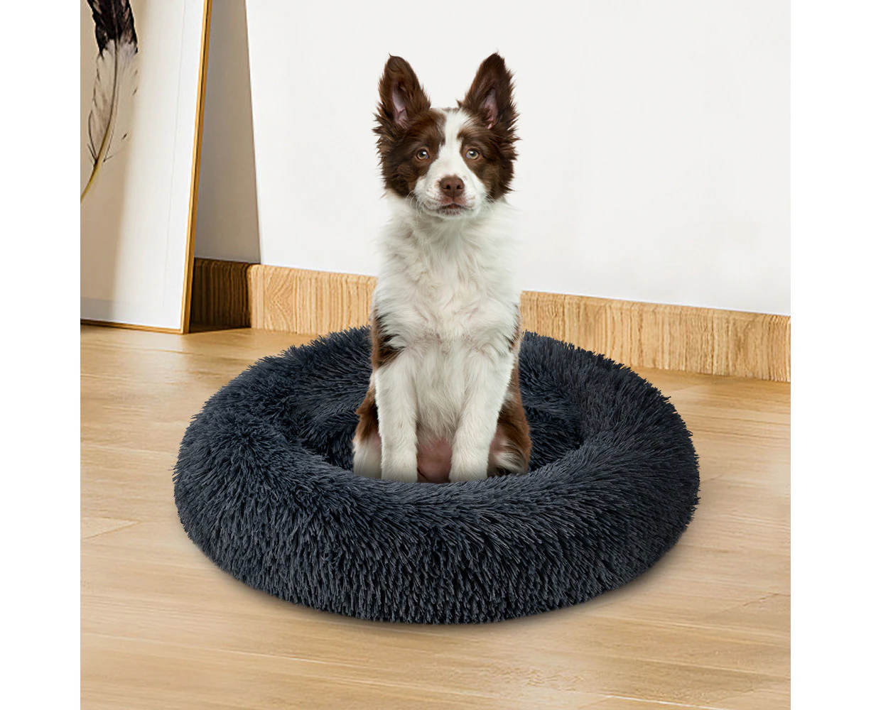 Petzly Dog Cat Calming Bed Warm Soft Plush Round Waterproof 70CM Bed Light Black