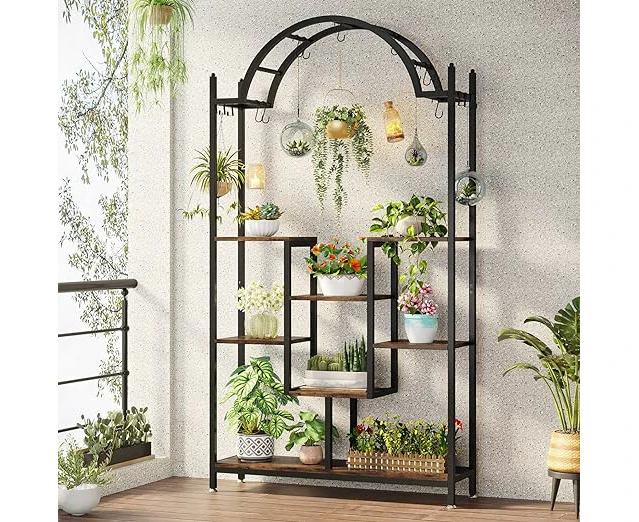 Tribesigns 5-Tier Tall Indoor Plant Stand, 74.8'' Arched Metal Flower Shelf with Hanging Hooks, Large Bonsai Pots Display Rack for Indoor, Living Room