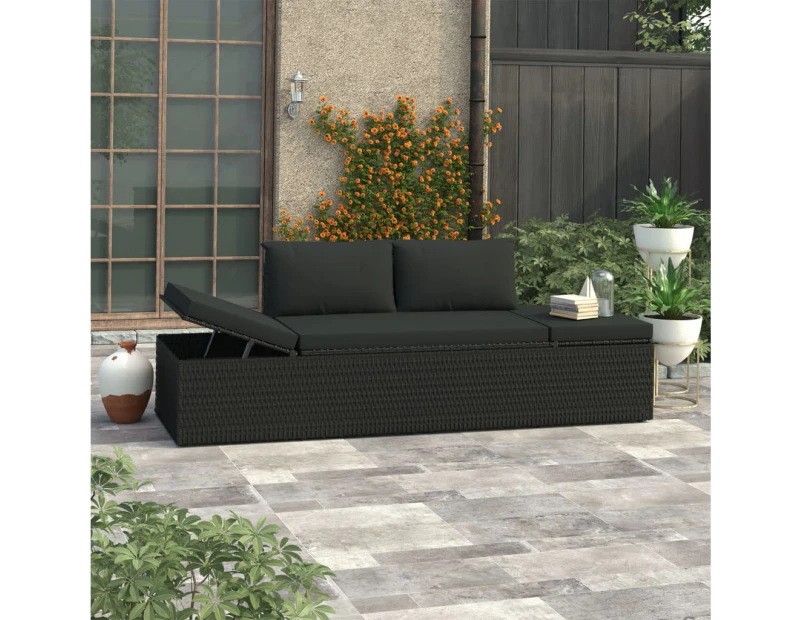 Sun Bed with Cushions Poly Rattan Black