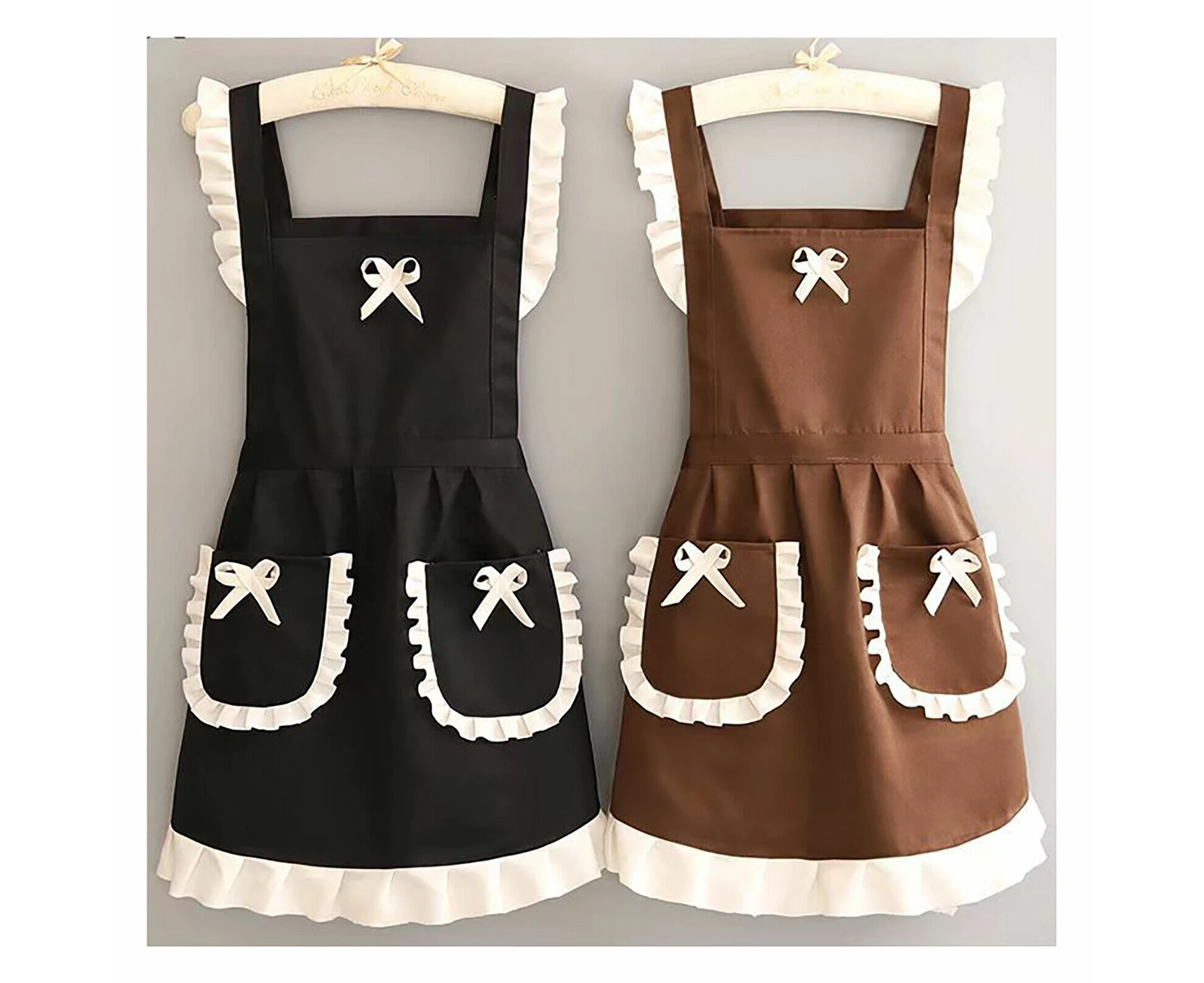 2pcs Slim Waist Hotel Apron with Pockets One-piece Dress Waiter Tie Ruffle Decoration