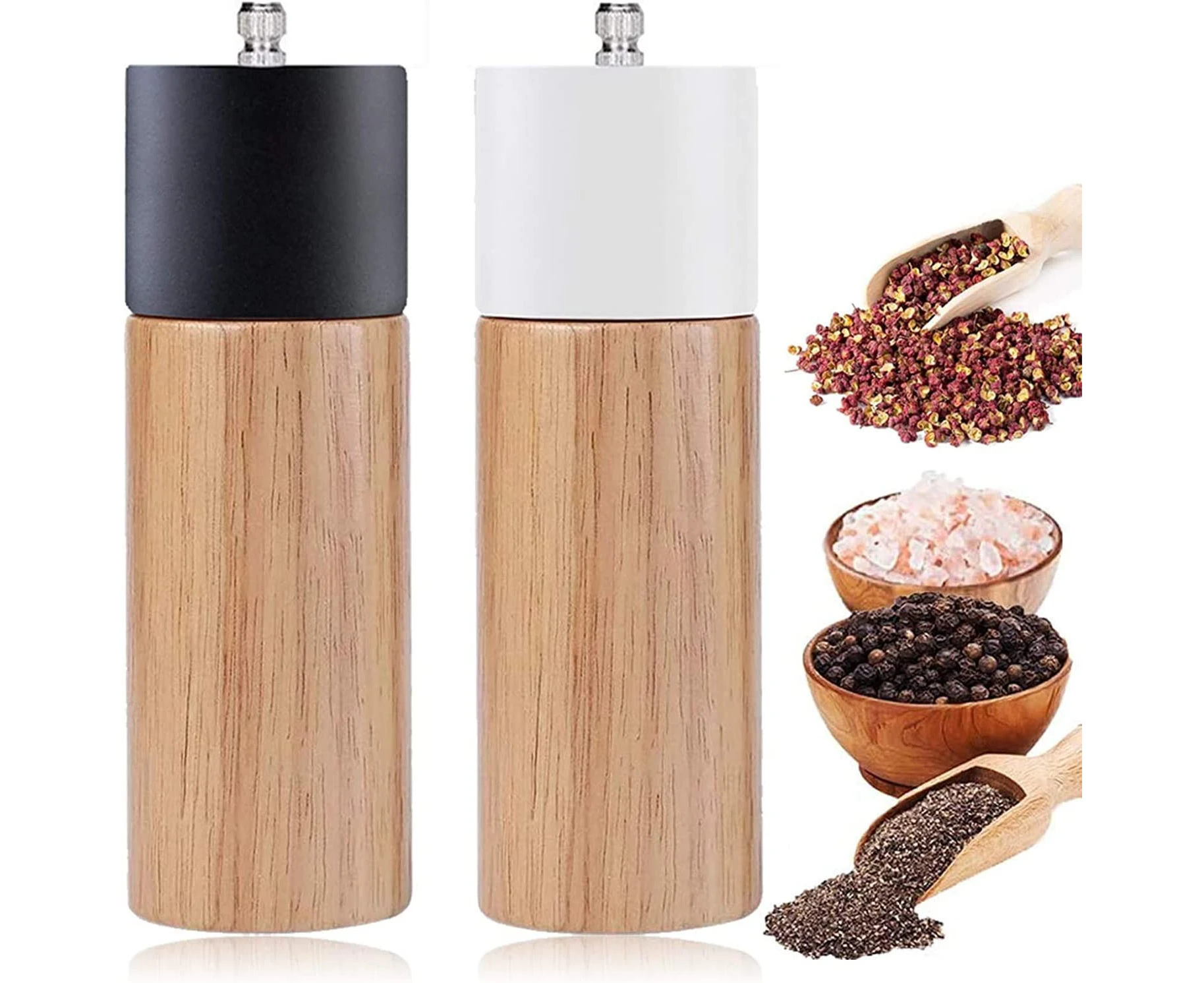 2 Wooden Pepper Mills, Manual Spice Mills and Grinders with Adjustable Ceramic Salt and Pepper Mills for Sea Salt, Cayenne Pepper