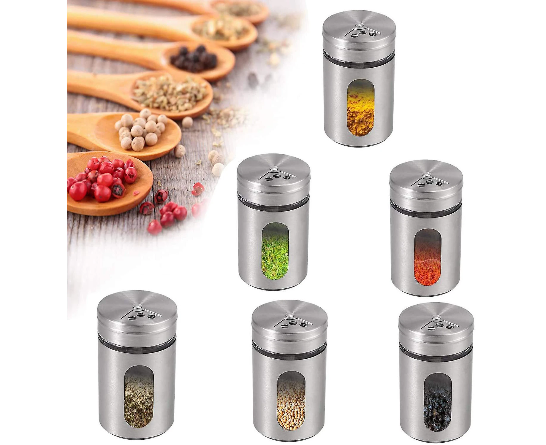 Spice Jars (Set of 6), Stainless Steel 90ml Spice Container with 3 Different Caliber Salt Black Pepper Switches