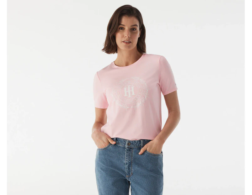 Tommy Hilfiger Women's Crest Logo Open Neck Tee / T-Shirt / Tshirt - Pastel Pink