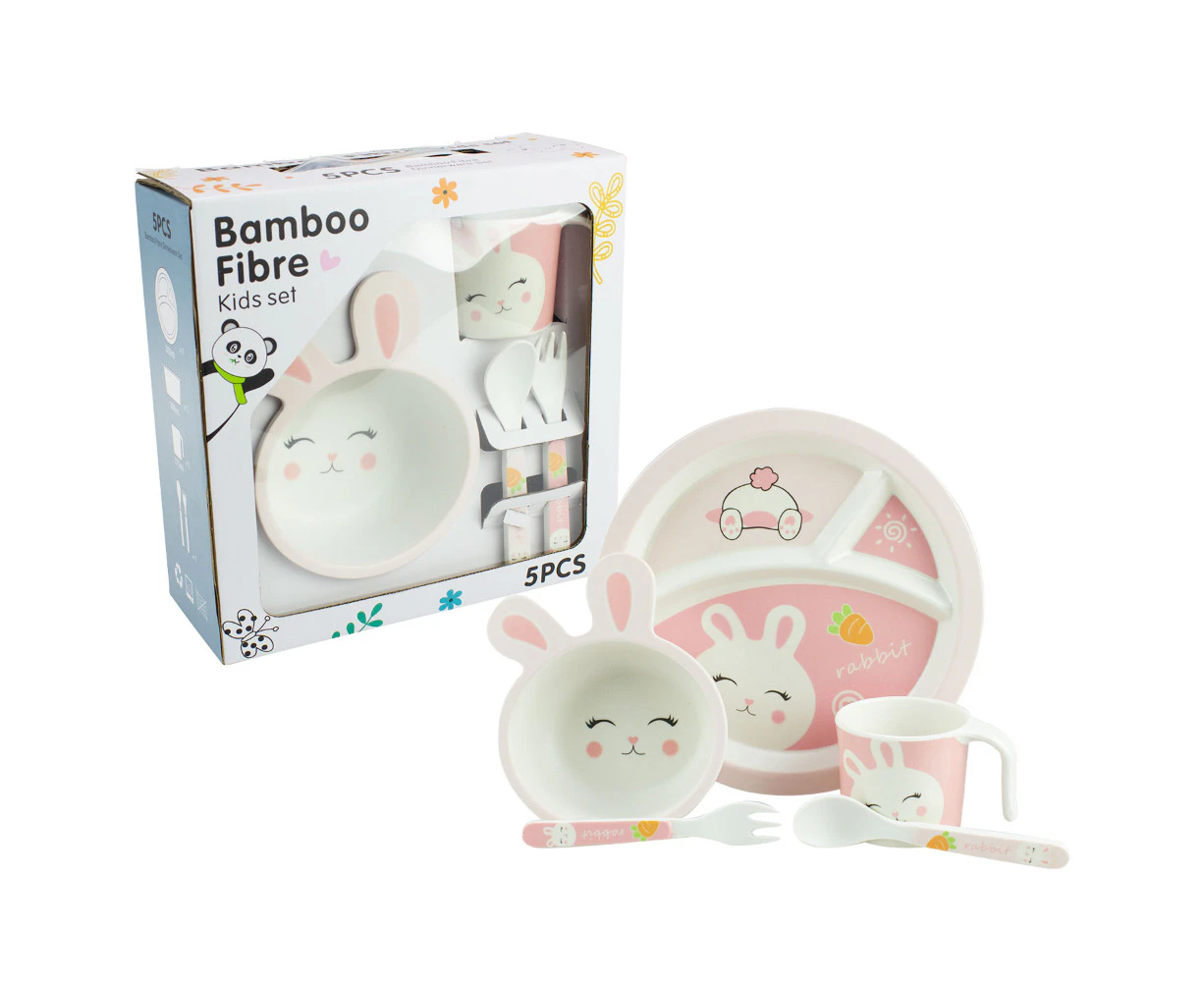 Bamboo Fiber Kids 5 Piece Dinning Set With Bunny Design And Pink Color