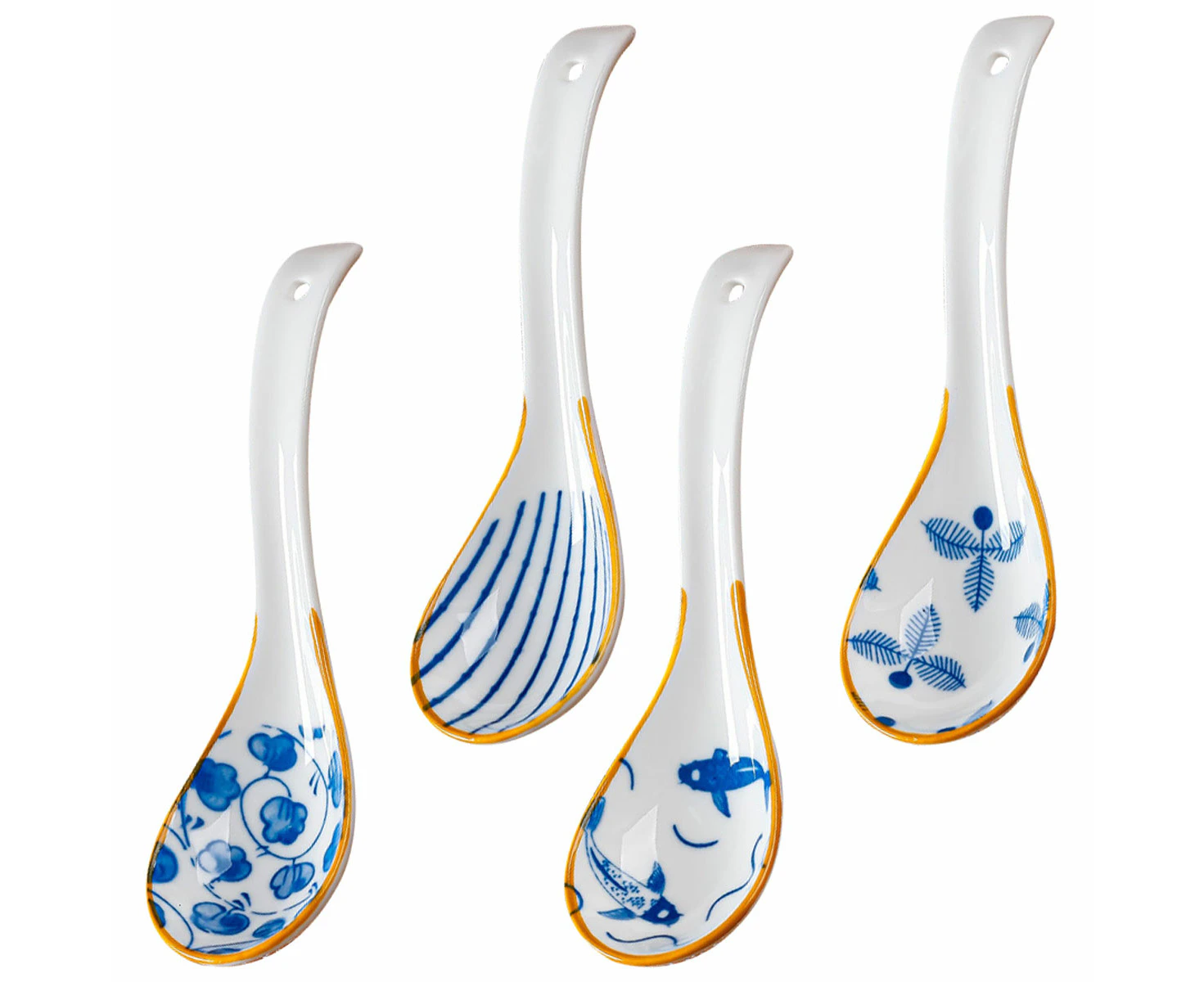 6.3-Inch Ceramic Chinese Soup Spoon Retro Pattern Ramen Spoon Soup Dumpling Pho Wonton Miso 4 (Yellow)