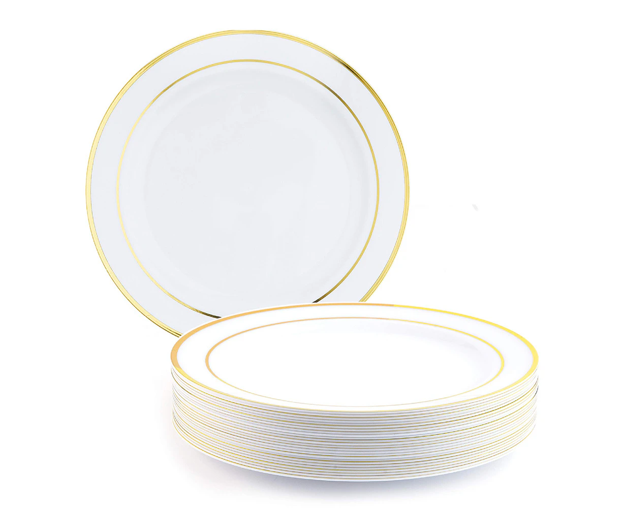 25 White Plastic Plates with Gold Rim for Weddings, Christenings, Birthdays, Christmas & Parties, 26cm - Reusable & Stable