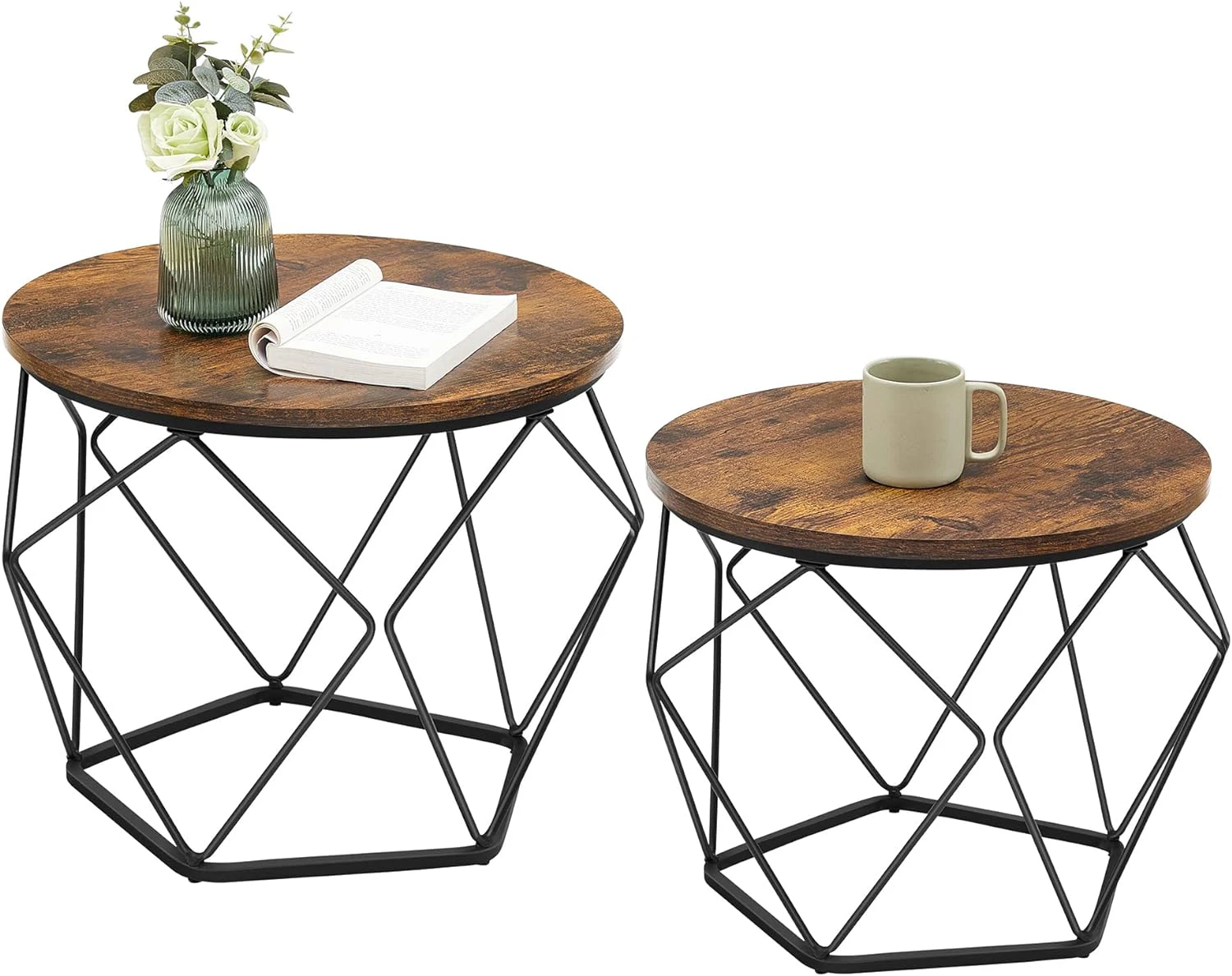 VASAGLE Set of 2 Rustic Brown and Black Coffee Tables with Robust Steel Frame