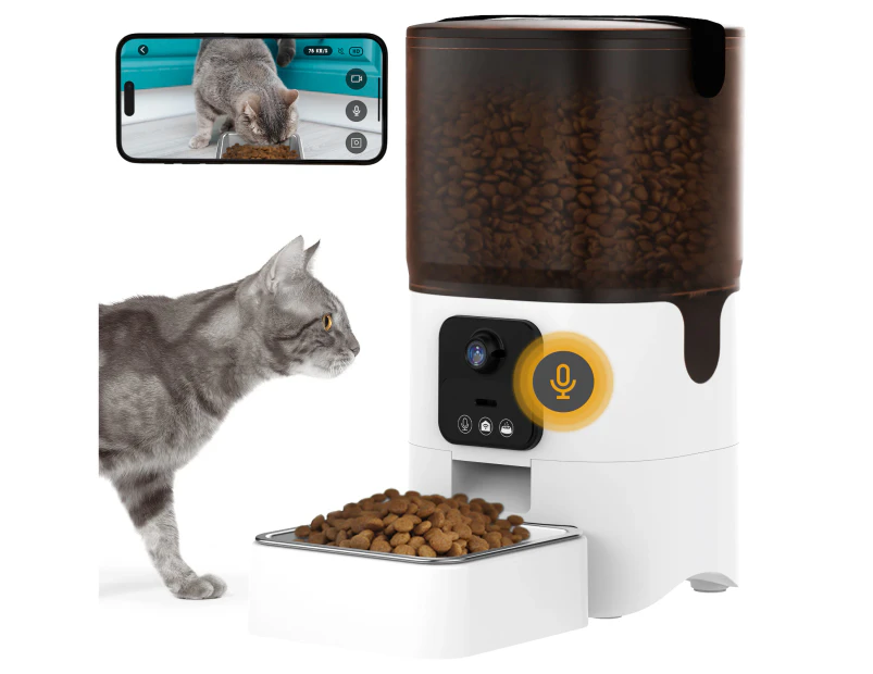 Automatic Cat Feeder Camera 6L Timed Pet Feeder Dry Food Dispenser for Cats & Dogs, 5G WiFi APP, Night Vision, 10s Meal Call, Dual Power Supply