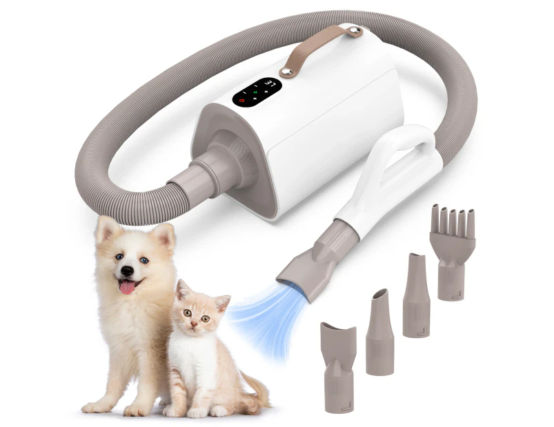 Dog Dryer Blower Grooming Pet Hair Dryer Heater with LED Touch Screen, Low Noise Adjustable Speed and Temperature, with 4 Different Nozzles for Dog/Cat