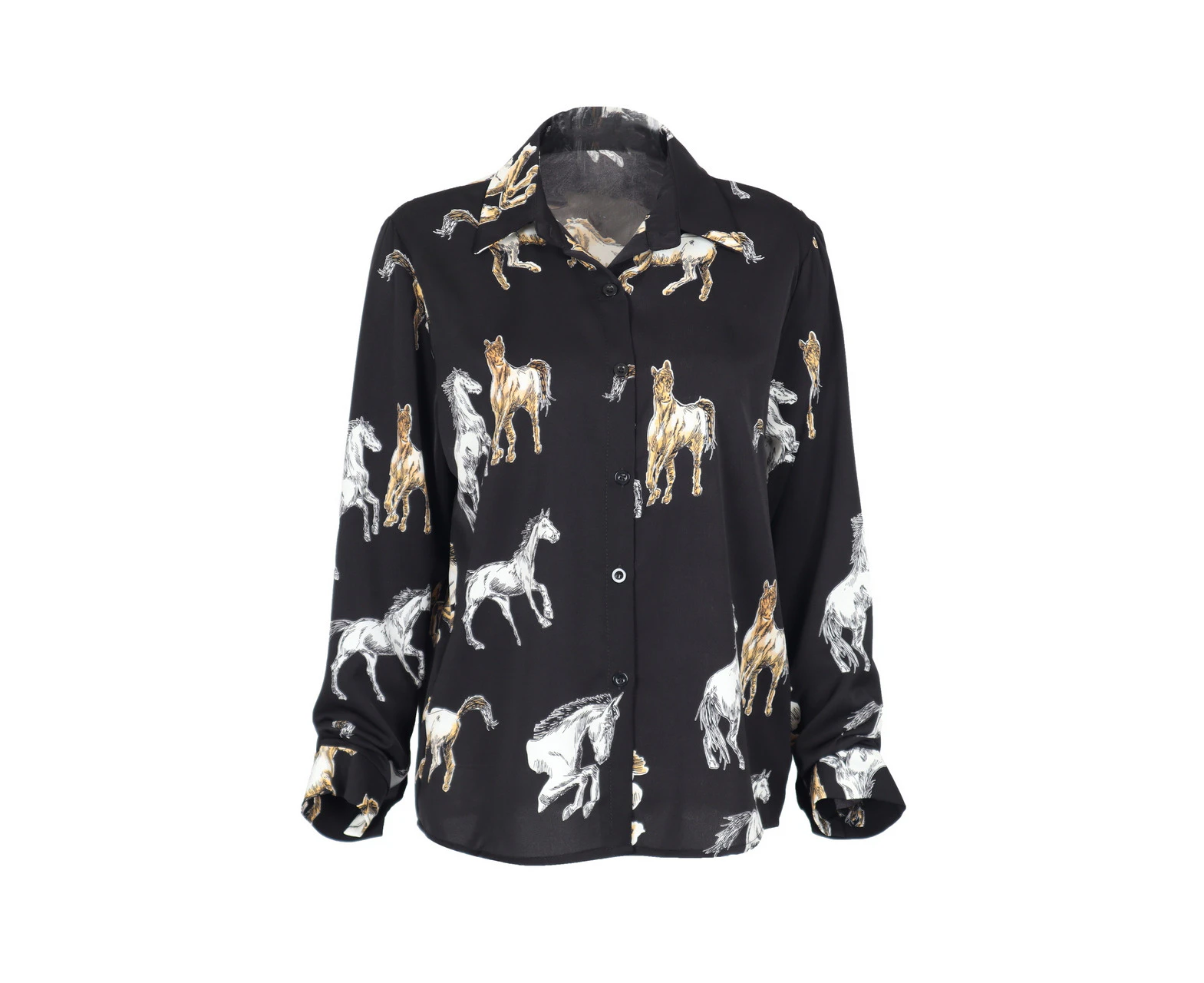 OJAY Women's Soft Hand Feel Fabric Horse Print Shirt - Black