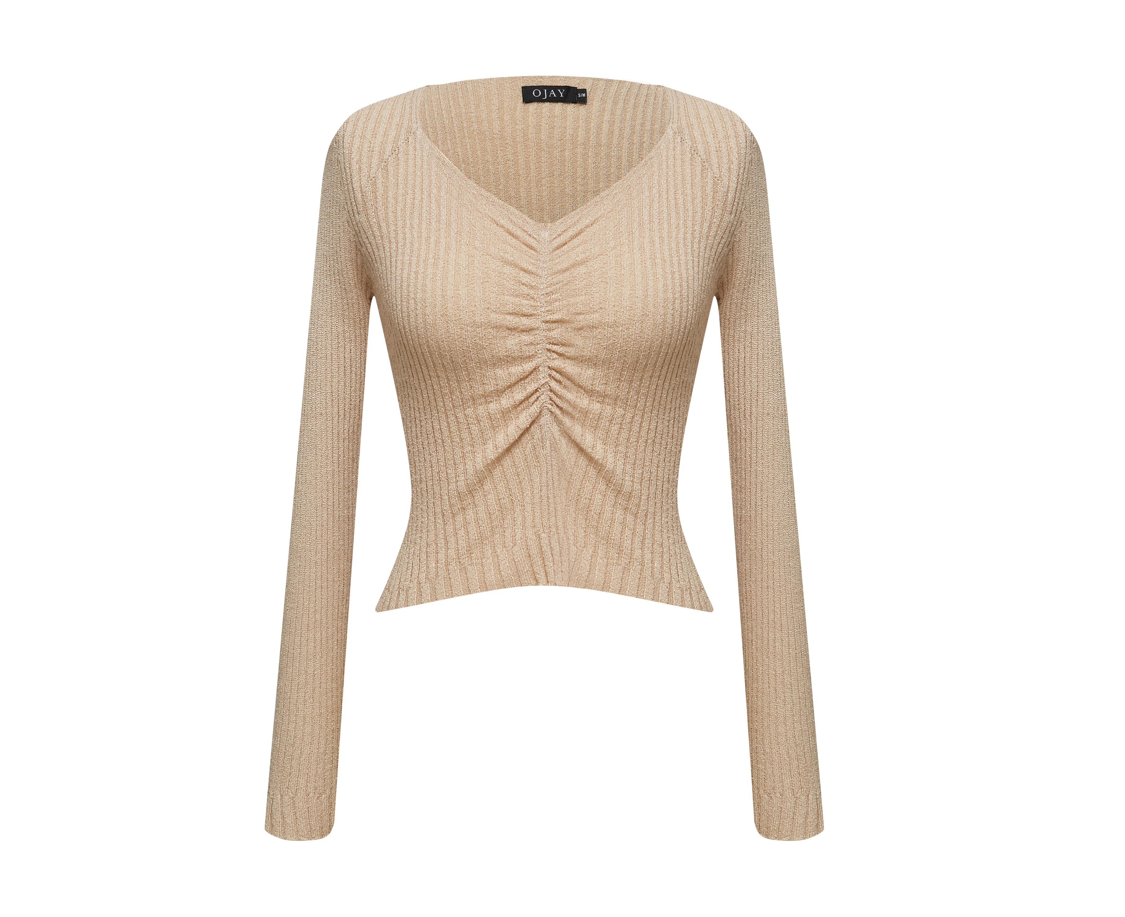 OJAY Women's Scoop neck long sleeve knit top - Beige