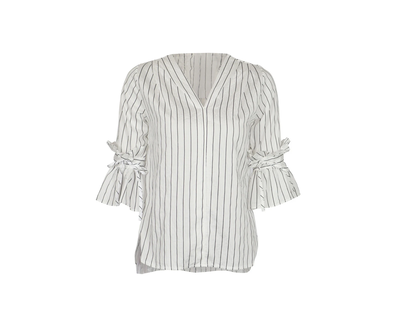 OJAY Women's Stripe Frilled Cuff 3/4 Sleeve v-neck Top - White