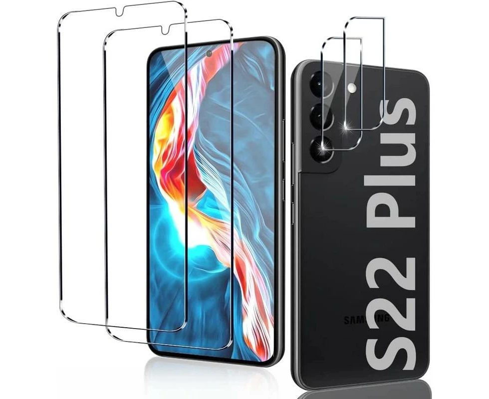 [2+2 Pack] 2 Pack S22 Plus 5G Glass Screen Protector + 2 Pack Camera Lens Protector-For S22 Plus 5G