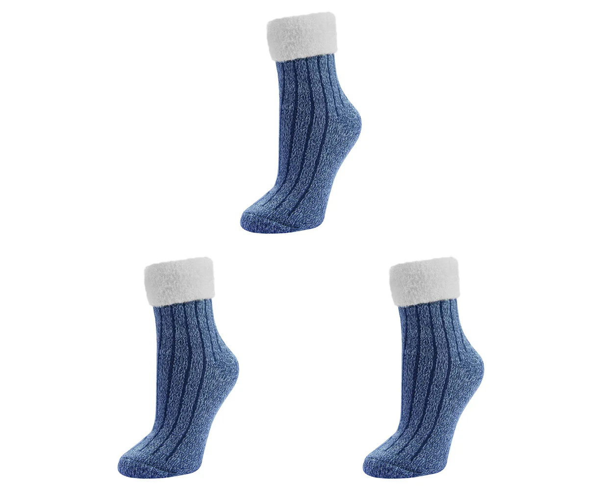 3x Sof Sole Fireside Foldover Comfort Foot Crew Socks Blue US Womens 5-10