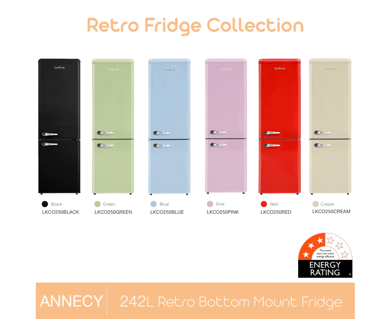 Linarie Annecy 242L Retro Bottom Mount Fridge • LKCO250 coloful