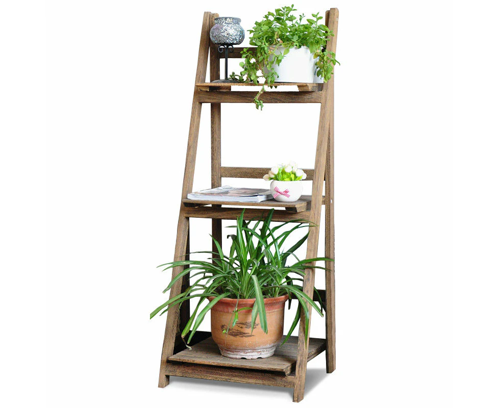 Wooden Ladder Shelf 3 Tier Plant Flower Storage Shelves Multi CD Book Folding - Brown