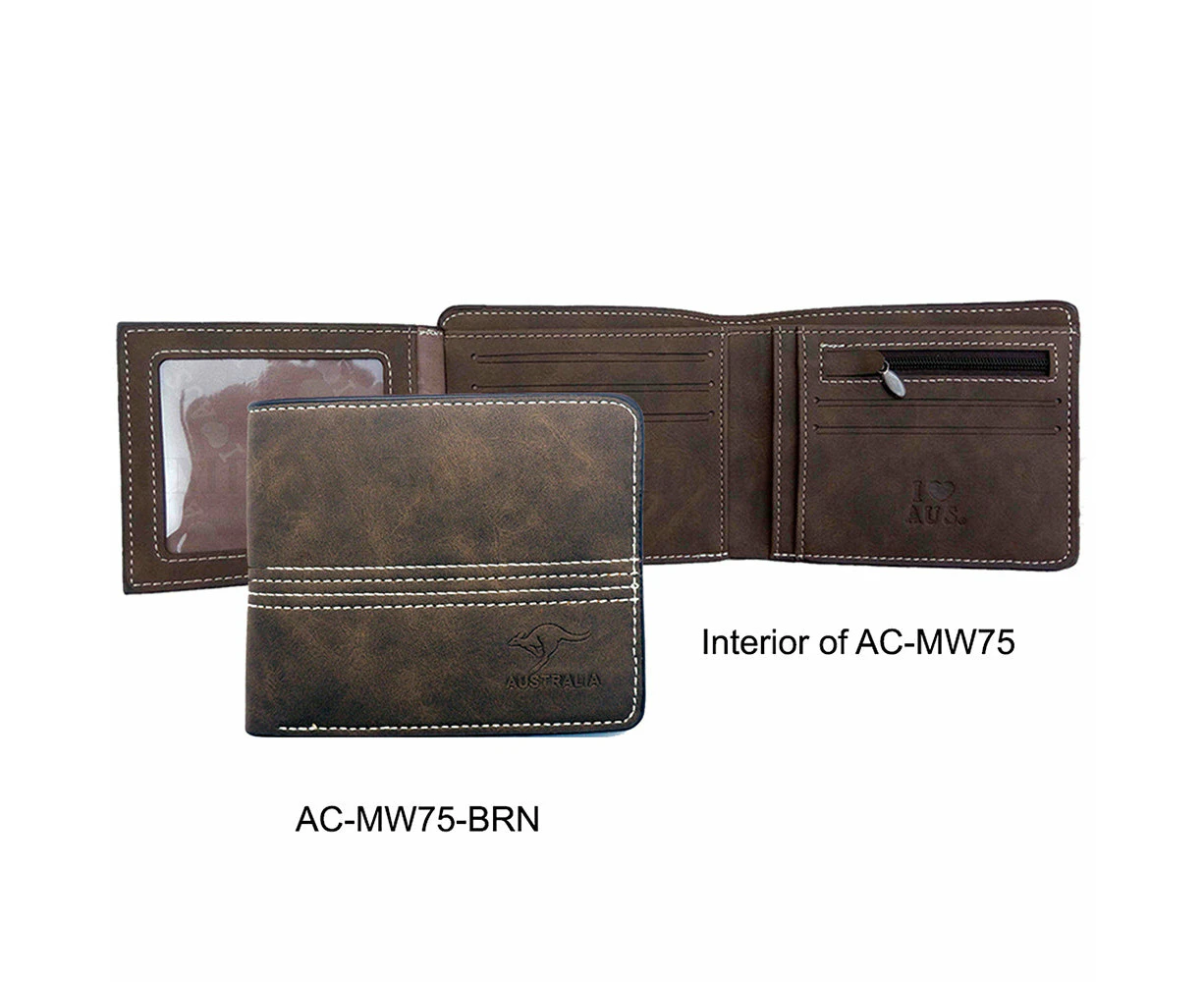 Australian Souvenirs Mens Brown Genuine Leather Bifold Card Holder Aussie Gift - AC-MW75-BRN, Gift Box - Yes