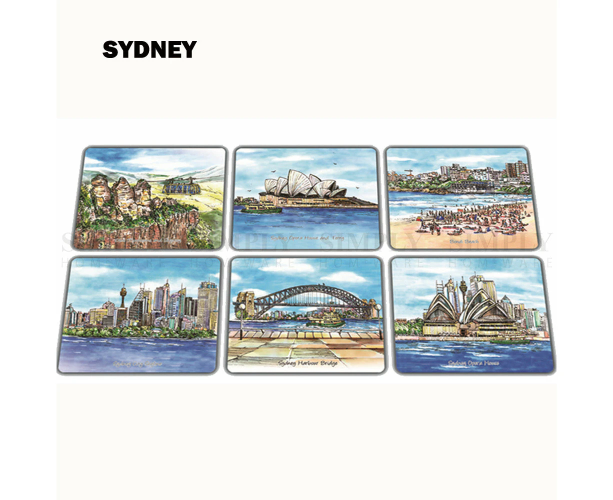 Australian Souvenirs Artistic Souvenir Wooden Coasters Gift Box Set of 6 Aussie - Sydney, Set of 6 pcs - 4x