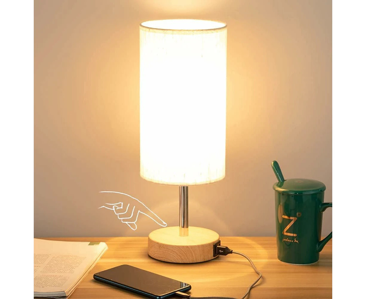 Yarra-Decor Bedside Lamp with USB Port - Touch Control Table Lamp for Bedroom Wood 3 Way Dimmable Nightstand Lamp with Flaxen Fabric (LED Bulb Included)