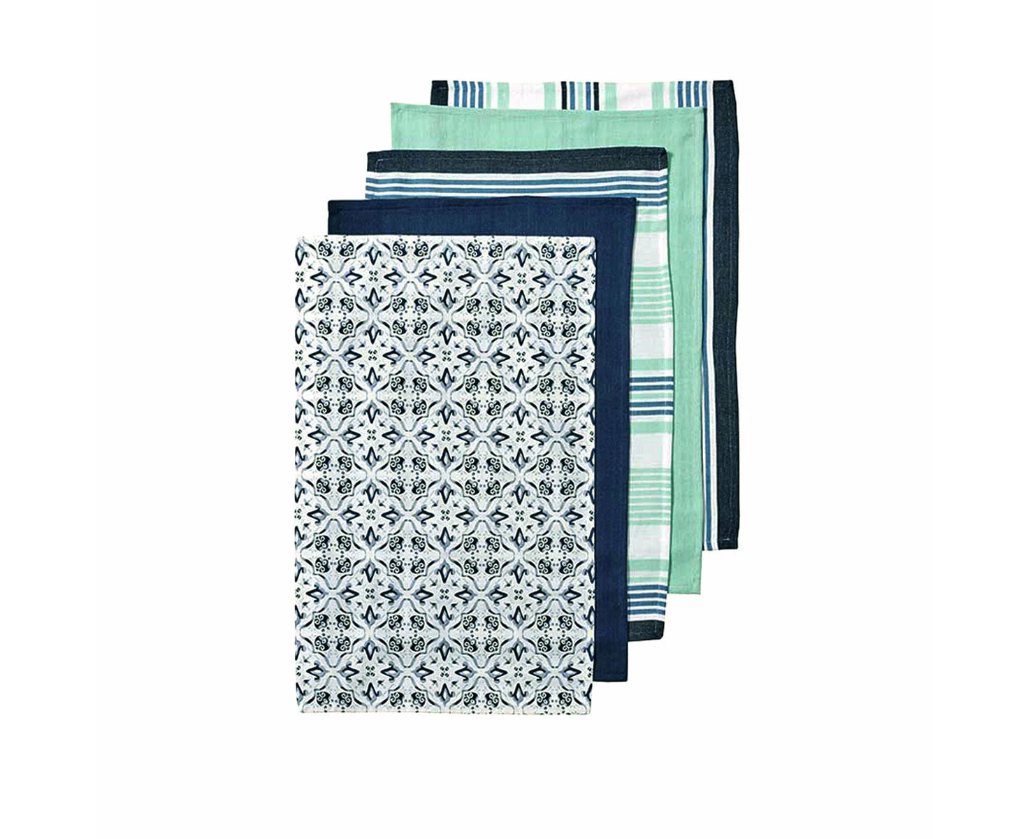 Ladelle Tile Set of 5 Cotton Kitchen Tea Towels Navy Blue Green