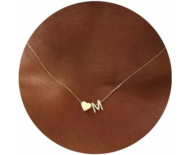 Gold Heart Initial Necklace for Women, 18K Gold Plated Heart Initial A-Z Necklace Dainty Heart Necklaces - M