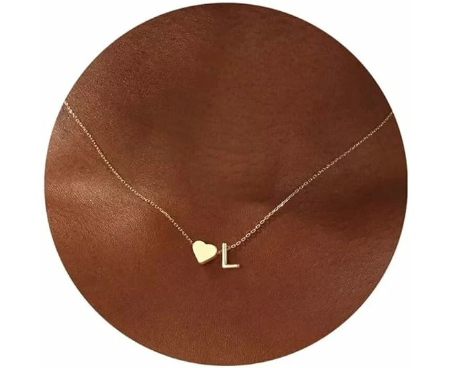 Gold Heart Initial Necklace for Women, 18K Gold Plated Heart Initial A-Z Necklace Dainty Heart Necklaces - L