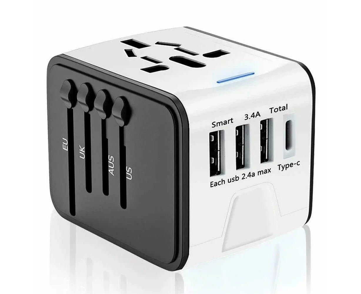 International Universal Travel Adapter 4 USB HUB 2.4A Charger AC Power with Worldwide AC Plug Wall - White