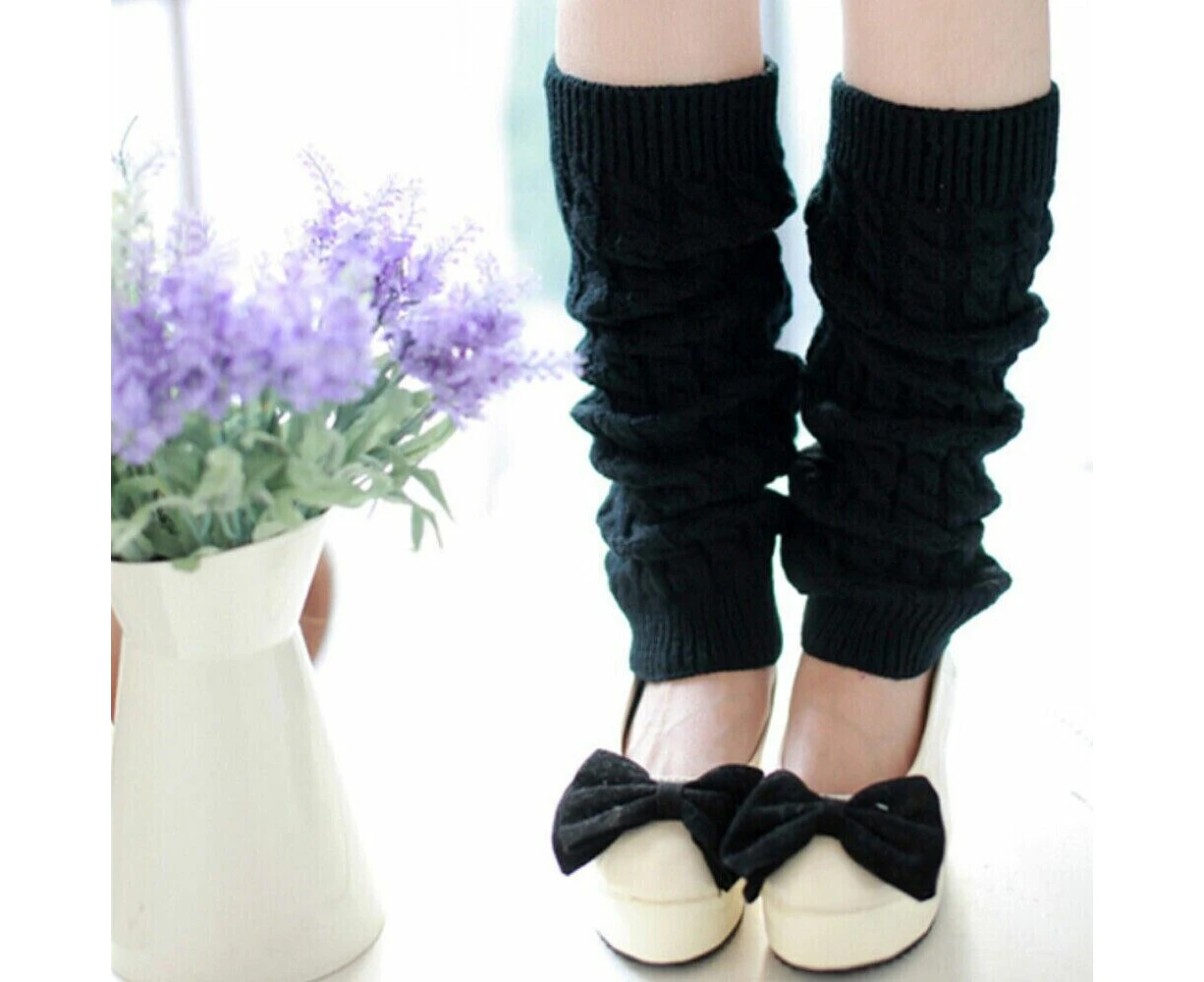 Women Ladies Warm Leg Warmers Cable Knit Knitted Crochet Socks Leggings -Black