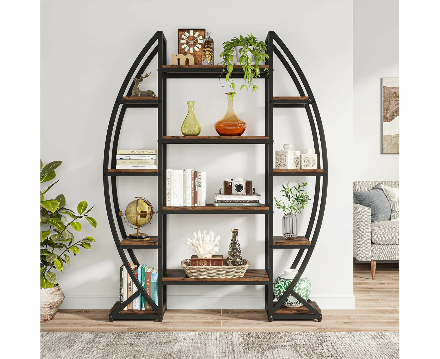 Tribesigns Oval Bookshelf, Triple Wide 5 Tier Etagere Bookcase, Industrial Display Shelves for Living Room (Brown, 55")