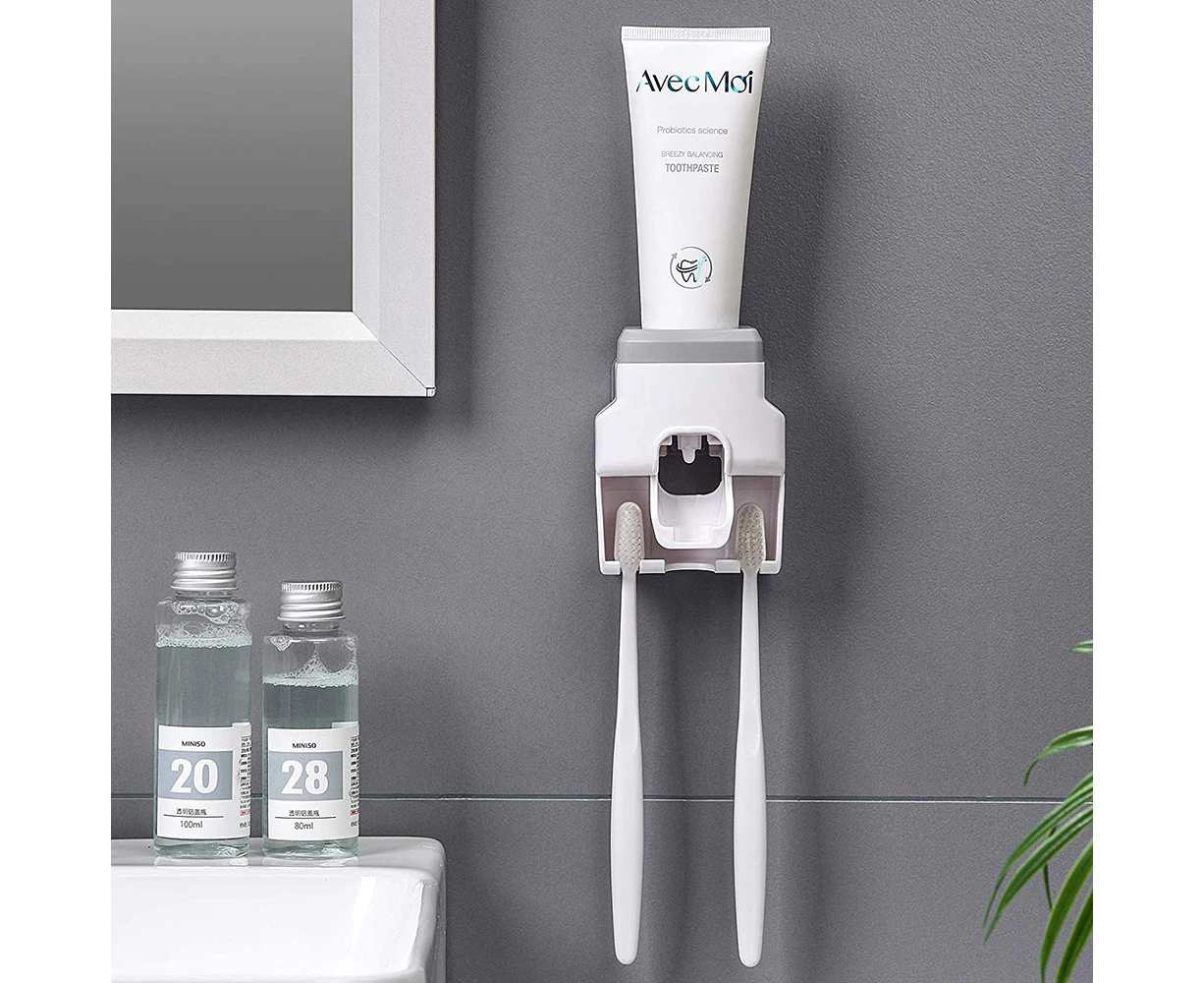 Punch-free wall hanging automatic toothpaste squeezer device toothbrush holder-Gray