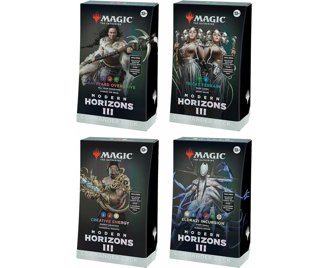 MAGIC THE GATHERING: MODERN Horizons 3: COMMANDER DECK DISPLAY - INCLUDES: Graveyard Overdrive, Tricky Terrain, Creative Energy, and Eldrazi Incursion