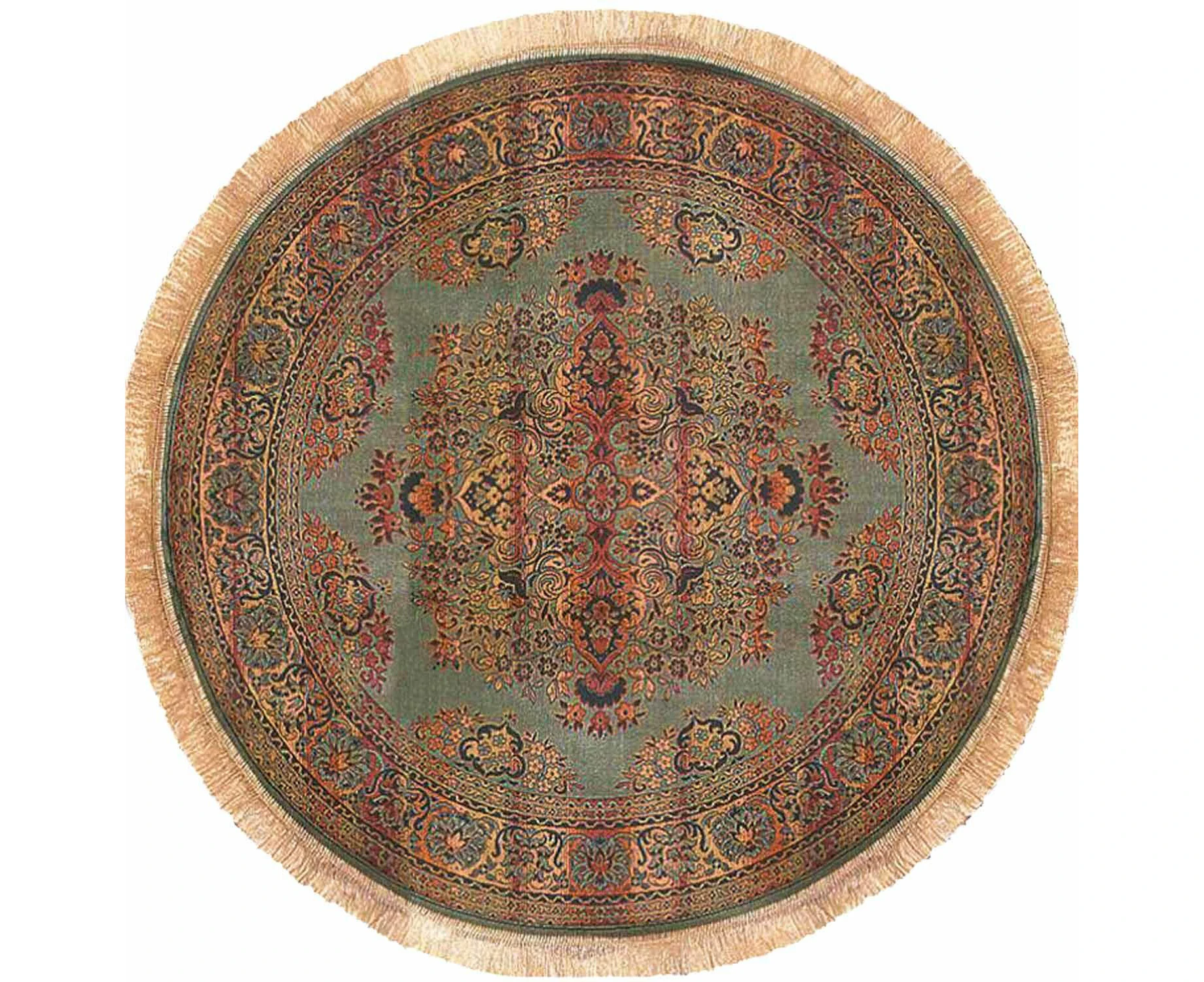 ANKARA MORRIS STYLE GREEN THIN ART-SILK FLOOR ROUND RUG 140x140cm