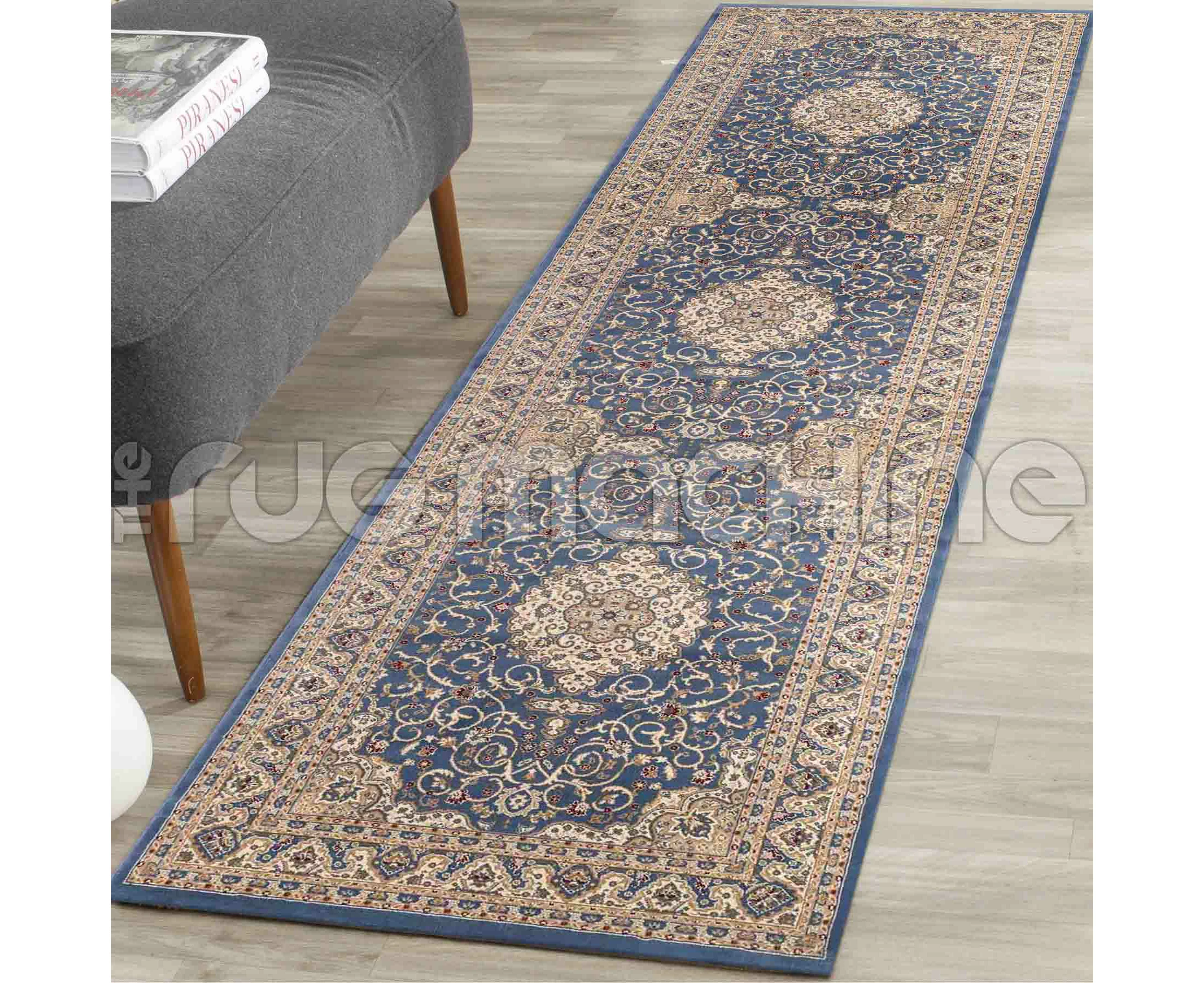 VALENTI MEDALLION BLUE TRADITIONAL FLOOR RUG RUNNER 80cm Wide